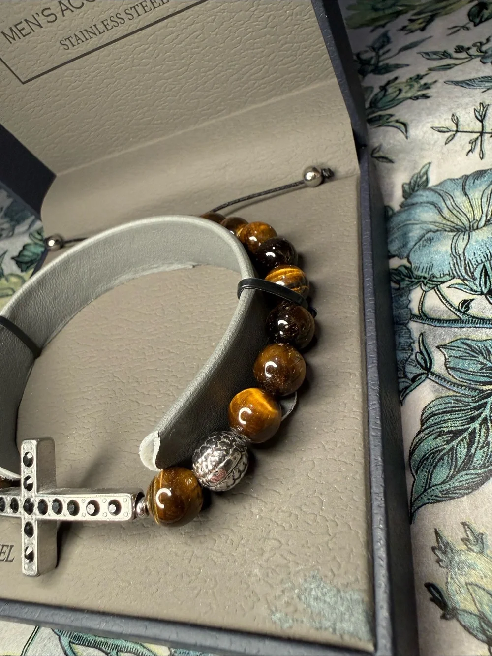 1913 Men’s Stainless Steel Crystal Cross & Tiger's Eye Bead Bracelet In Box